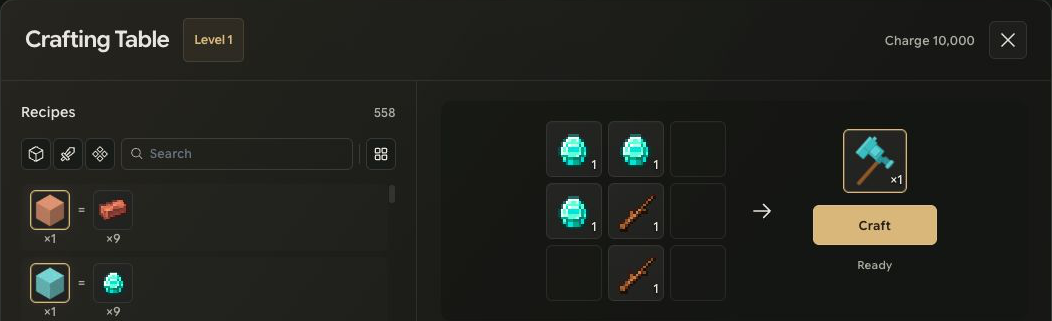 Crafting table with diamonds and sticks arranged for an axe