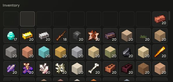 Inventory slots containing stacks of materials and blocks