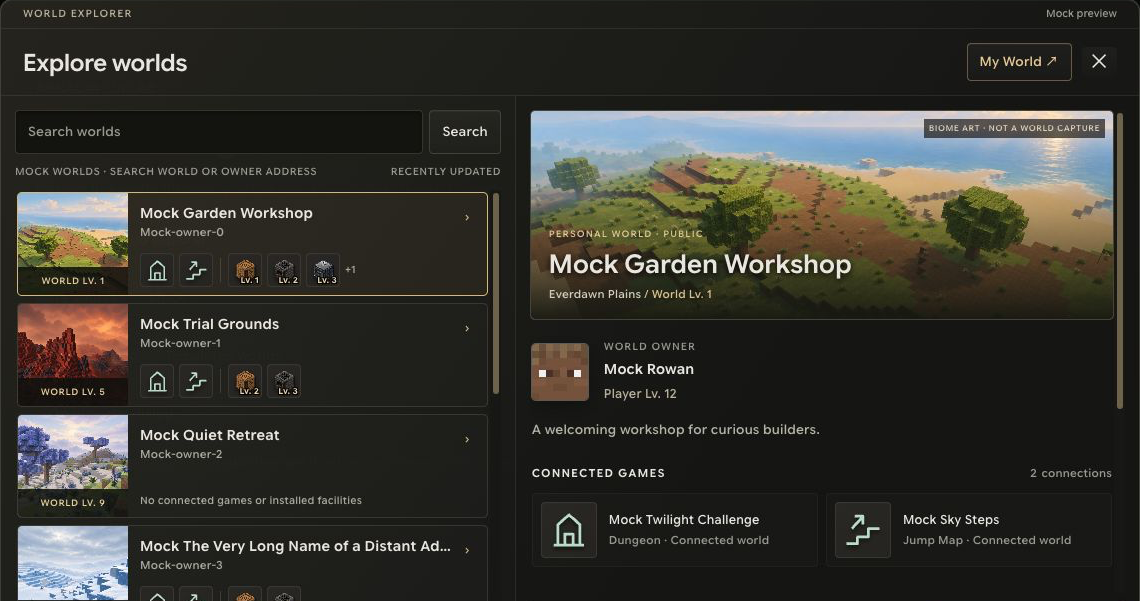 World list alongside a selected world’s owner and connected games
